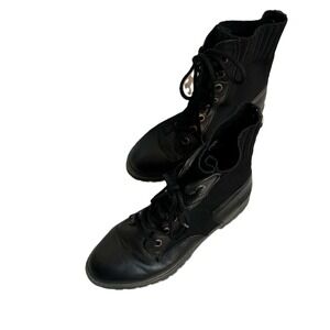 Blowfish Malibu Black Faux Leather Knit Combat Boots Lace Up Mid Calf Lug Sole